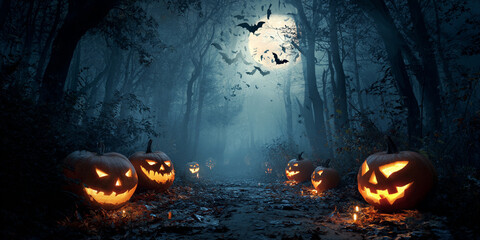 Sinister carved pumpkins illuminate dark forest path, surrounded by bats and eerie moonlight, creating spooky Halloween