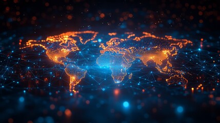 Glowing world map with orange and blue lights connected by lines on a dark background view from above on transparent background