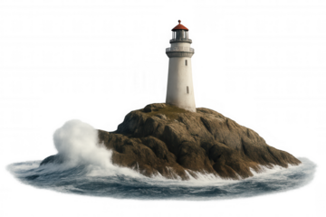 Lighthouse standing firm on rocky island during stormy weather with strong ocean waves breaking, transparent background