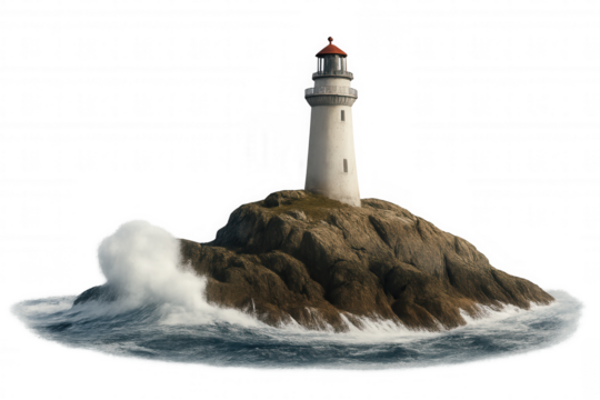 Lighthouse standing firm on rocky island during stormy weather with strong ocean waves breaking, transparent background