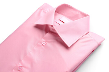 Stylish folded pink collar shirt on white background, closeup