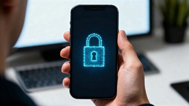 Person holding smartphone with lock icon
