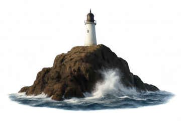 Lighthouse on rocky island with ocean waves crashing, providing guidance and maritime safety during storm