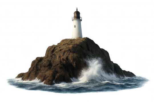 Lighthouse on rocky island with ocean waves crashing, providing guidance and maritime safety during storm
