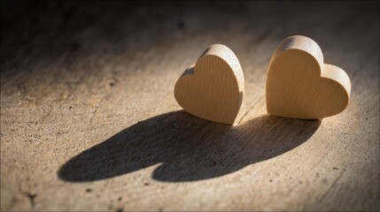 Love's Gentle Embrace: Two heart-shaped objects, subtly casting shadows on a rustic surface, convey a sense of warmth, intimacy, and shared connection.