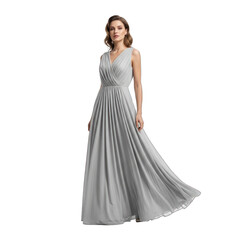 Fototapeta premium Elegant Woman Posing in Light Grey Pleated Chiffon Maxi Dress, Full Length V-Neck Gown for Formal Occasions, Studio Photography. PNG Clipart Transparent