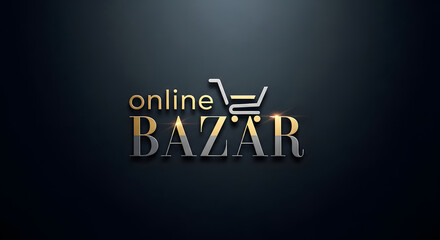 Elegant online bazaar logo with shopping cart icon and metallic text on dark background