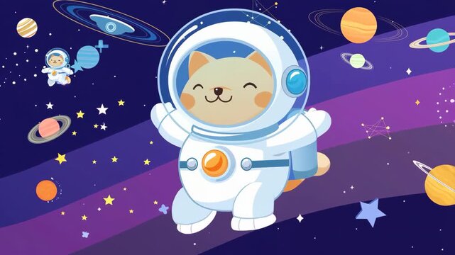 Cute cat astronaut floating in outer space animation