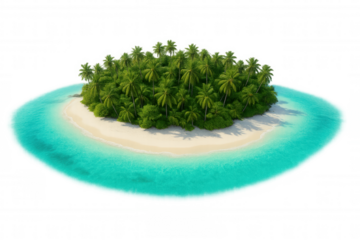 Desert island with palm trees and white sand beach surrounded by turquoise tropical ocean water, a serene paradise getaway