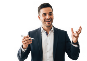 Charismatic male speaker gesturing enthusiastically during presentation or event isolated on transparent background