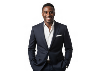 Confident young black man in suit smiling and standing hands in pockets studio portrait isolated on transparent background
