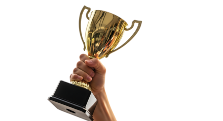 Illustration of hand holding a golden trophy isolated on transparent background