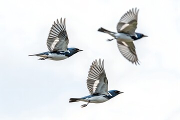 Obraz premium Black-throated Blue Warbler Flock Flying Isolated on White