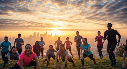 Group of diverse people exercising outdoors at sunrise with city skyline in background.