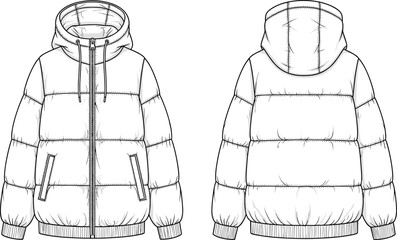 Puffer jacket technical flat sketch, hood with drawstrings, quilted outerwear design, ribbed cuffs hem, zipper closure, apparel cad garment construction illustration