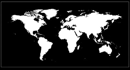 Minimalist World Map Illustration with White Continents on Isolated Black Background