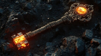 A singular, ornate key forged from meteorite iron and glowing crystal, resting on a bed of black sand, symbolizing restricted access