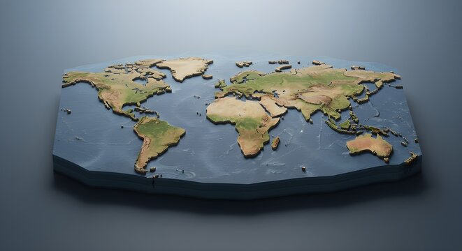 Detailed 3D Physical World Map Displaying Topographic Features on a Dark Grey Surface