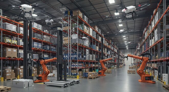 Automated warehouse employs robots and drones for efficient logistics.