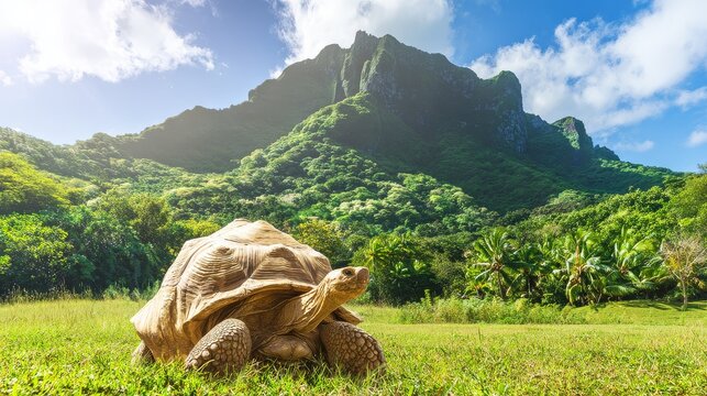 Giant tortoise walking across island landscape under warm sunlight, symbol of wildlife conservation, longevity, and endangered species protection