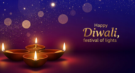 Elegant Happy Diwali, Festival of Lights greeting card with glowing diya oil lamps on a sparkling purple and blue night background with bokeh.