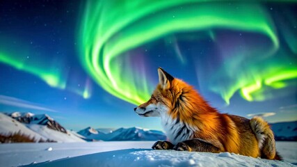 Majestic Red Fox Rests Under Dazzling Northern Lights in Snowy Arctic Landscape. - Powered by Adobe