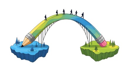 Obraz premium Tiny people walk across a giant, rainbow-colored pencil bridge, illustrating the powerful concept of connecting diverse ideas and fostering creative problem-solving