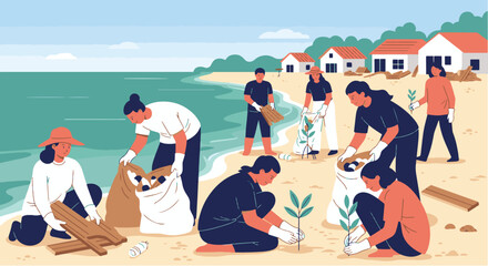 Obraz premium Dedicated volunteers collaborating on a beach restoration project, collecting plastic waste and planting new saplings by the sea
