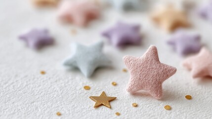 Soft felt stars in pastel colors lie on a white textured surface beside tiny golden confetti dots. The gentle composition conveys sweetness, childhood innocence, and creative decoration concepts