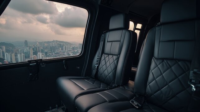 Luxury private helicopter interior with leather seats and panoramic cityscape view through windows, symbol of elite travel, comfort, and modern aviation lifestyle