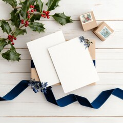 Holiday Gifts and Stationary: A festive scene presents beautifully wrapped gifts adorned with holiday embellishments, accompanied by blank stationary.