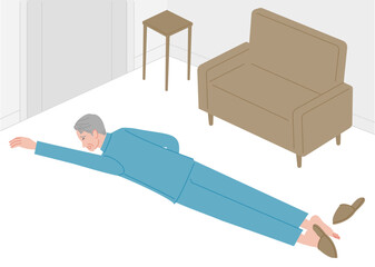 持病が悪化してドアの前で転倒したシニア男性（独居老人）