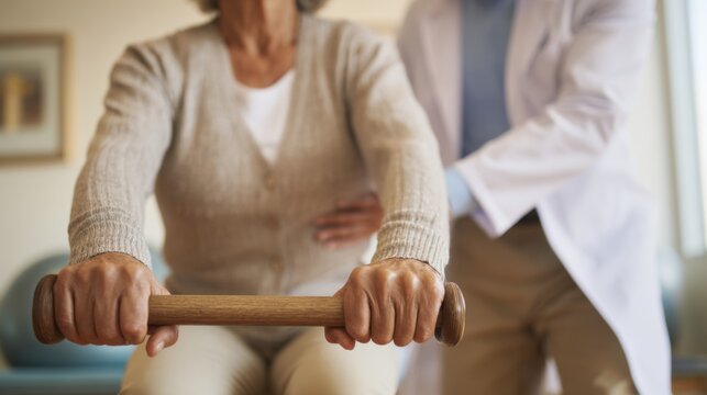 Elderly woman exercising with dumbbells assisted by doctor in hospital or nursing home 