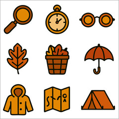 Flat Autumn Journey Icon Set, Cozy Fall Adventure in Bold Line Minimalist Style
