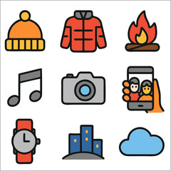 Flat End Year Trip Icon Set, Bold Line Minimalist Icons for Travel and Celebration