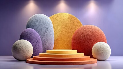 Abstract 3D render of geometric shapes with a stage or pedestal in a vibrant design