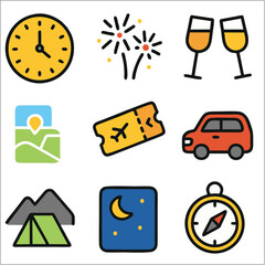 Flat End Year Trip Icon Set, Bold Line Minimalist Icons for Travel and Celebration