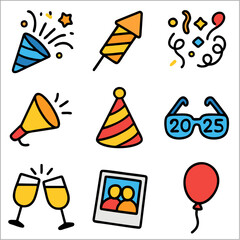 Flat Party Popper and Celebration Icon Set, Bold Line Festive Symbols for Events and Holidays