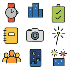 Flat End Year Trip Icon Set, Bold Line Minimalist Icons for Travel and Celebration