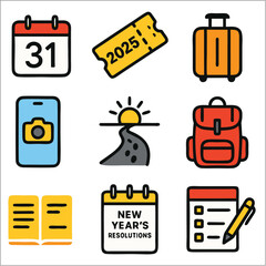 Flat End Year Trip Icon Set, Bold Line Minimalist Icons for Travel and Celebration
