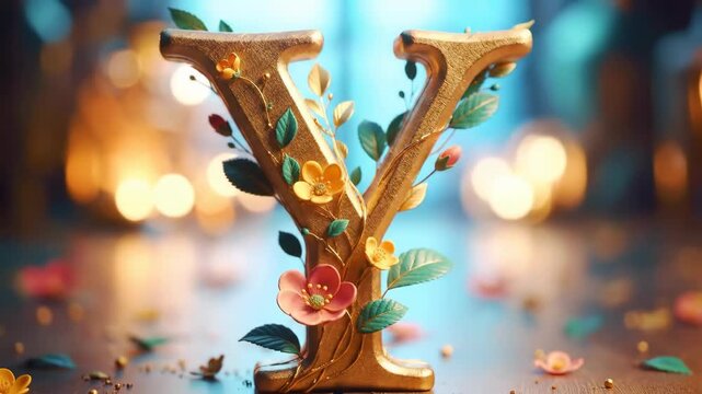 Golden "Y" with Flowers Elegant and Floral Decoration