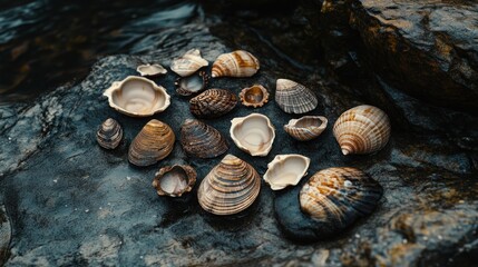 Shells that sing with the sound of ancient cave chants, arranged on a dark, wet rock