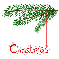 A festive frame made of green pine branches hanging with red strings, featuring "Christmas" text below.