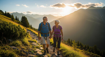 Happy senior couple hiking on a mountain trail at sunset, enjoying the scenic views and golden light.