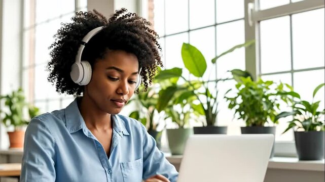 Focused African American woman with headphones working on a laptop. Young student e-learning with an online course in a modern home office. Remote work and education concept - Powered by Adobe