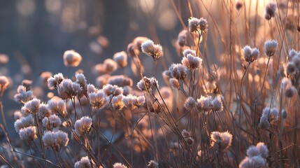 Frosted wildflowers in field, glowing with backlight from low sun