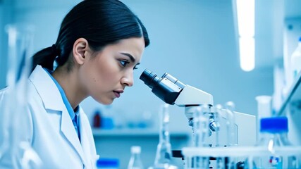 Female scientist looking into a microscope in a modern laboratory. Researcher conducting medical analysis for a new discovery. Science and technology concept - Powered by Adobe