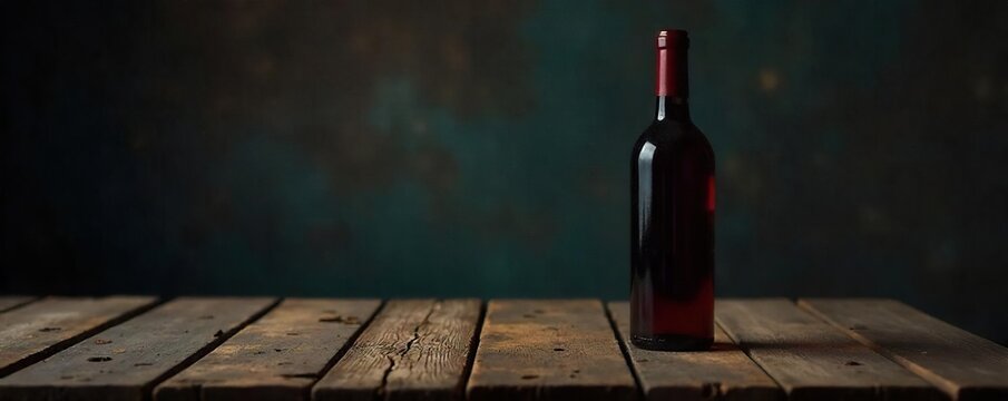 Lonely Wine Bottle on Rustic Wood Dim Light, Empty Glass, Concept of Alcoholism and Despair