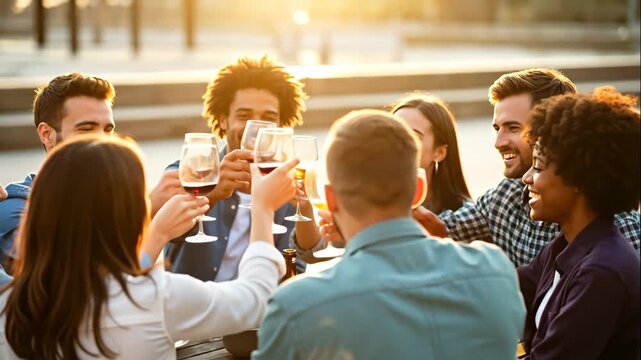Diverse group of happy friends toasting with wine glasses at sunset. Young people celebrating together at an outdoor dinner party. Friendship and togetherness concept