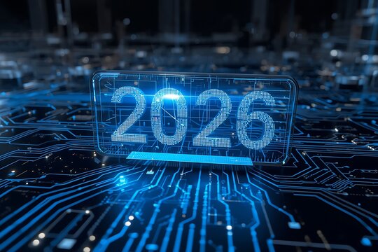 Futuristic Digital 2026 Display on Circuit Board Background Representing Technology and New Year